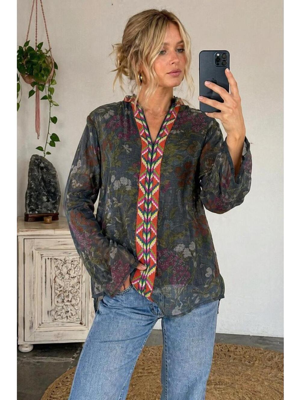 NWT Vintage Goa Sheer Cotton Boho Blouse Embroidered XL